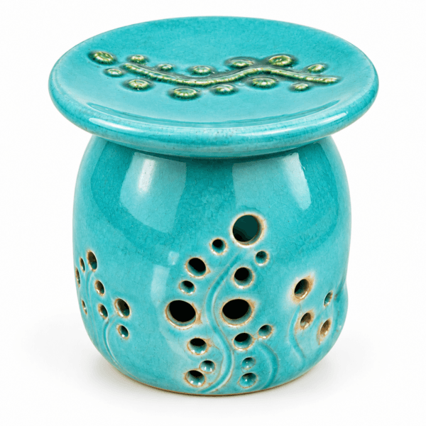 Brûle-Parfum et Diffuseur d'Arômes haut de gamme en fine Céramique Motif Arbre de Vie en turquoise fabrication artisanale