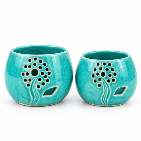 Duo de Photophores haut de gamme en fine Céramique design boule Motif Pissenlit en turquoise fabrication artisanale