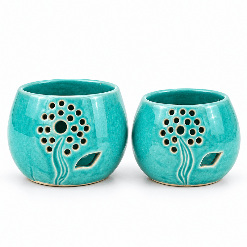 DIFUSEUR 1 Duo de Photophores haut de gamme en fine Céramique design boule Motif Pissenlit en turquoise fabrication artisanale – Image 1