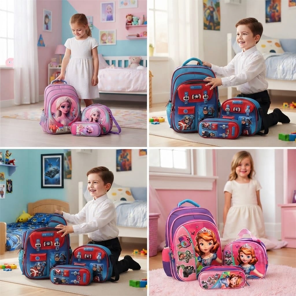 Ensembles scolaires enfant 3 pièces : sac à dos, trousse et sac-repas assortis pour la rentrée